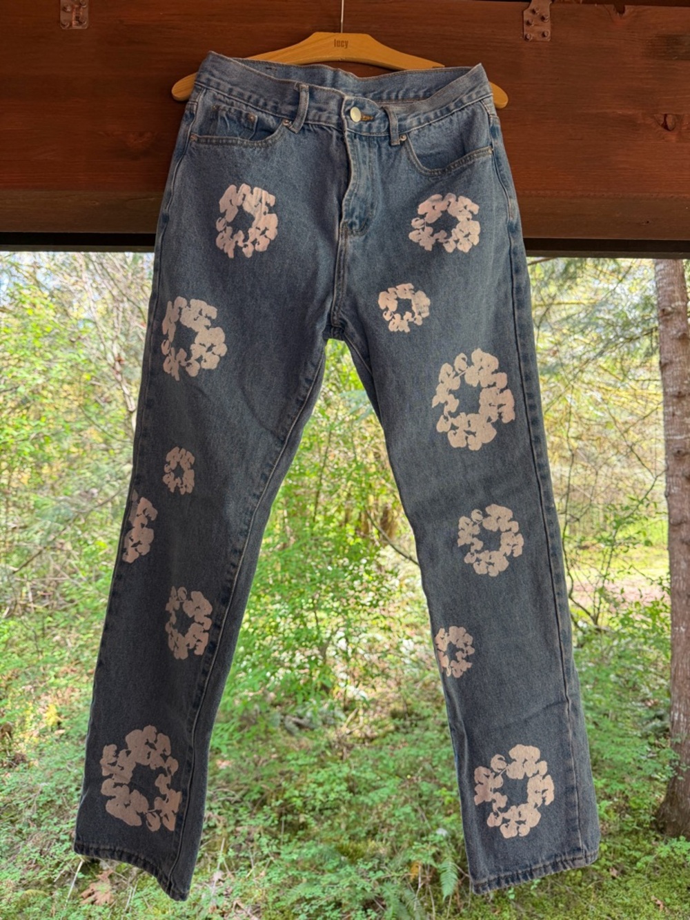Blue Floral Stamped Vintage-Style Jeans